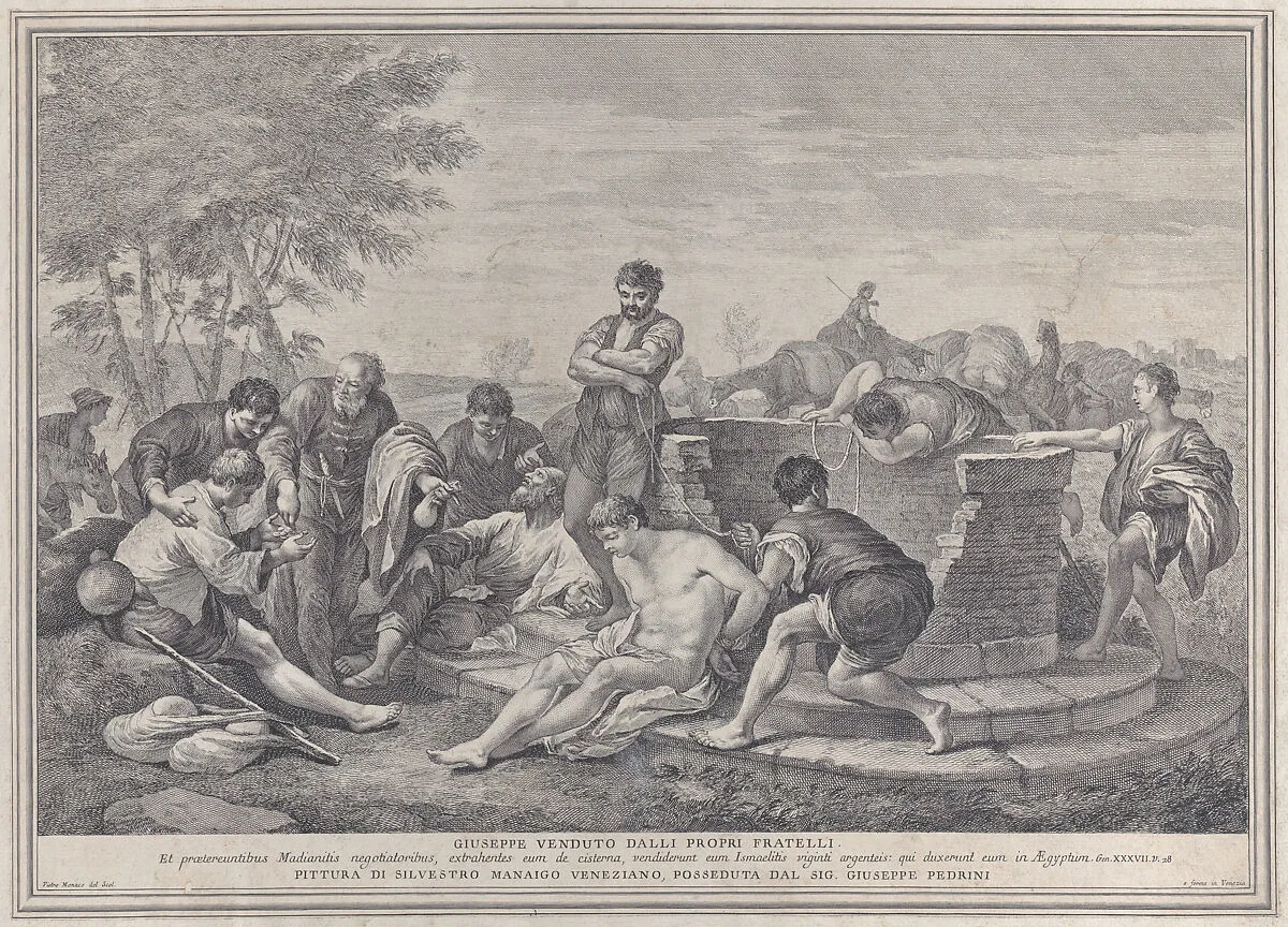 Joseph being sold into slavery by his brothers, who sit around a well dividing up the coins — Silvestro Manaigo|Pietro Monaco