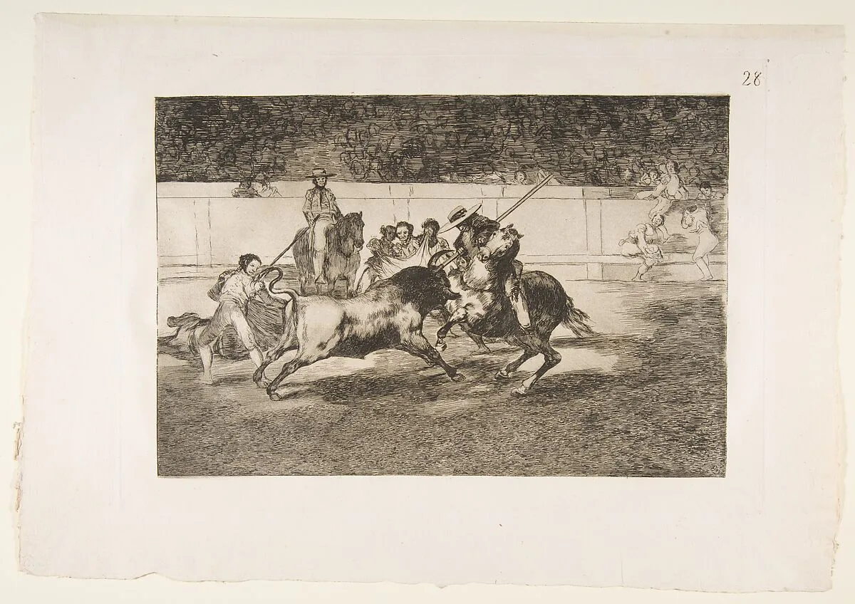 Plate 28 of "La Tauromaquia": The forceful Rendon stabs a bull with the pique, from which pass he died in the ring at Madrid — Goya (Francisco de Goya y Lucientes)