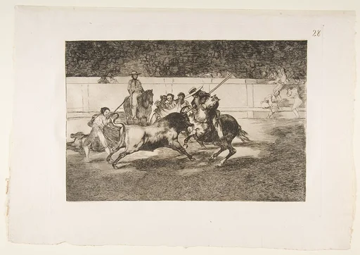 Plate 28 of "La Tauromaquia": The forceful Rendon stabs a bull with the pique, from which pass he died in the ring at Madrid