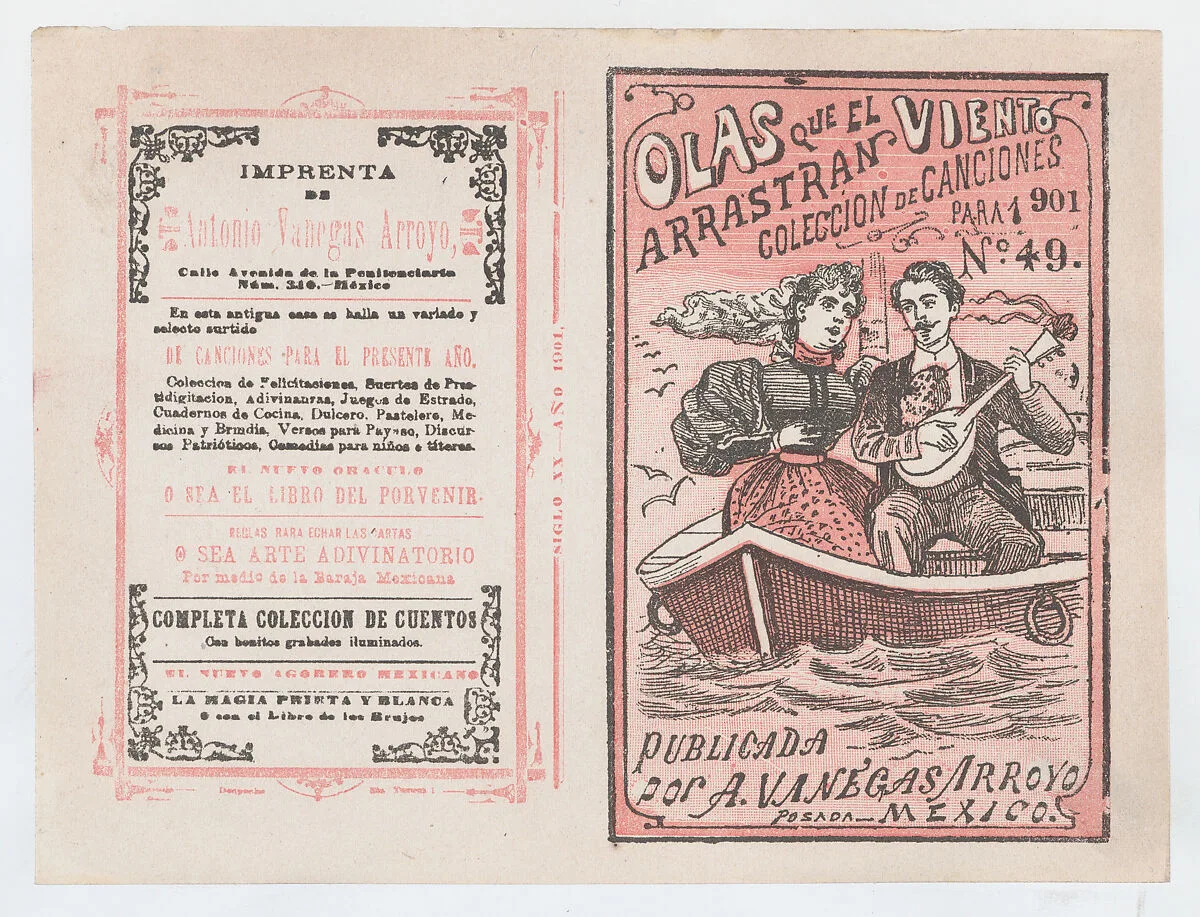 Cover for 'Olas que el Viento Arrastran para 1901', a man serenading a woman in a row boat — José Guadalupe Posada|Antonio Vanegas Arroyo