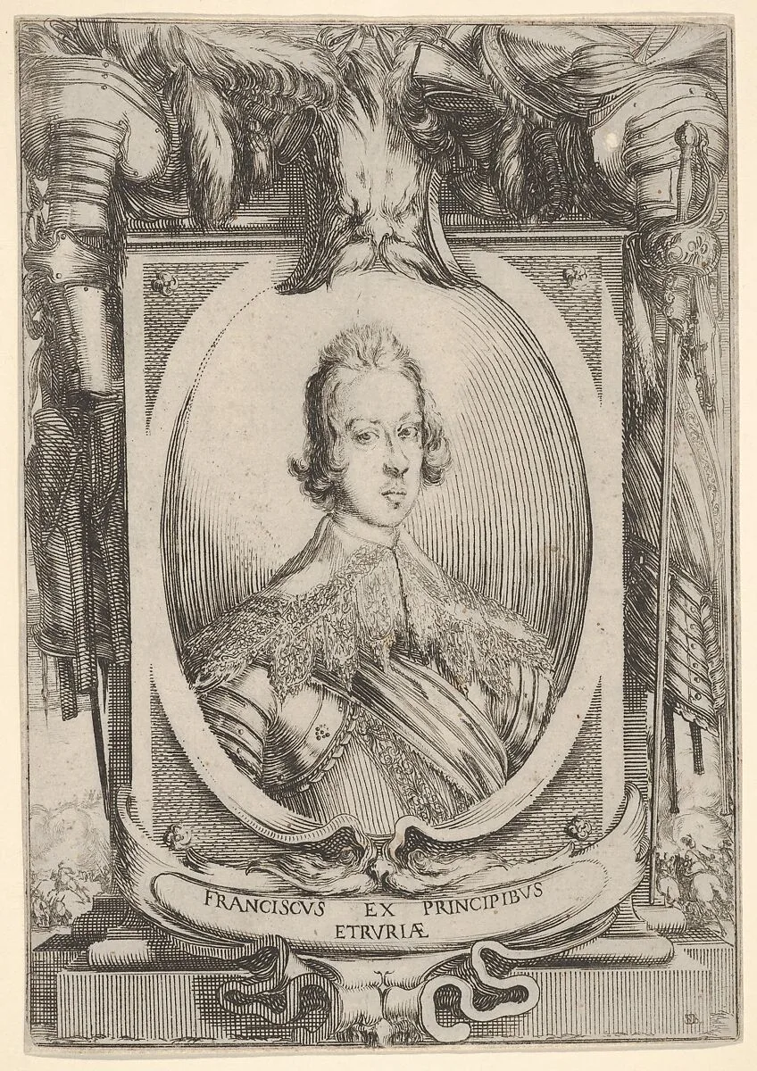 A portrait of Francesco de' Medici, within an oval frame, decorated with military equipment, battle scenes at bottom left and right outside of frame — Stefano della Bella