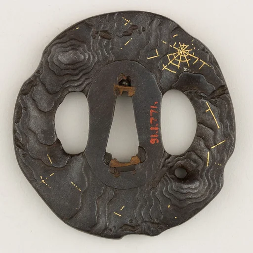 Sword Guard (<i>Tsuba</i>) Depicting Spider Web on Dead Tree (枯木に蜘蛛の巣図鐔)