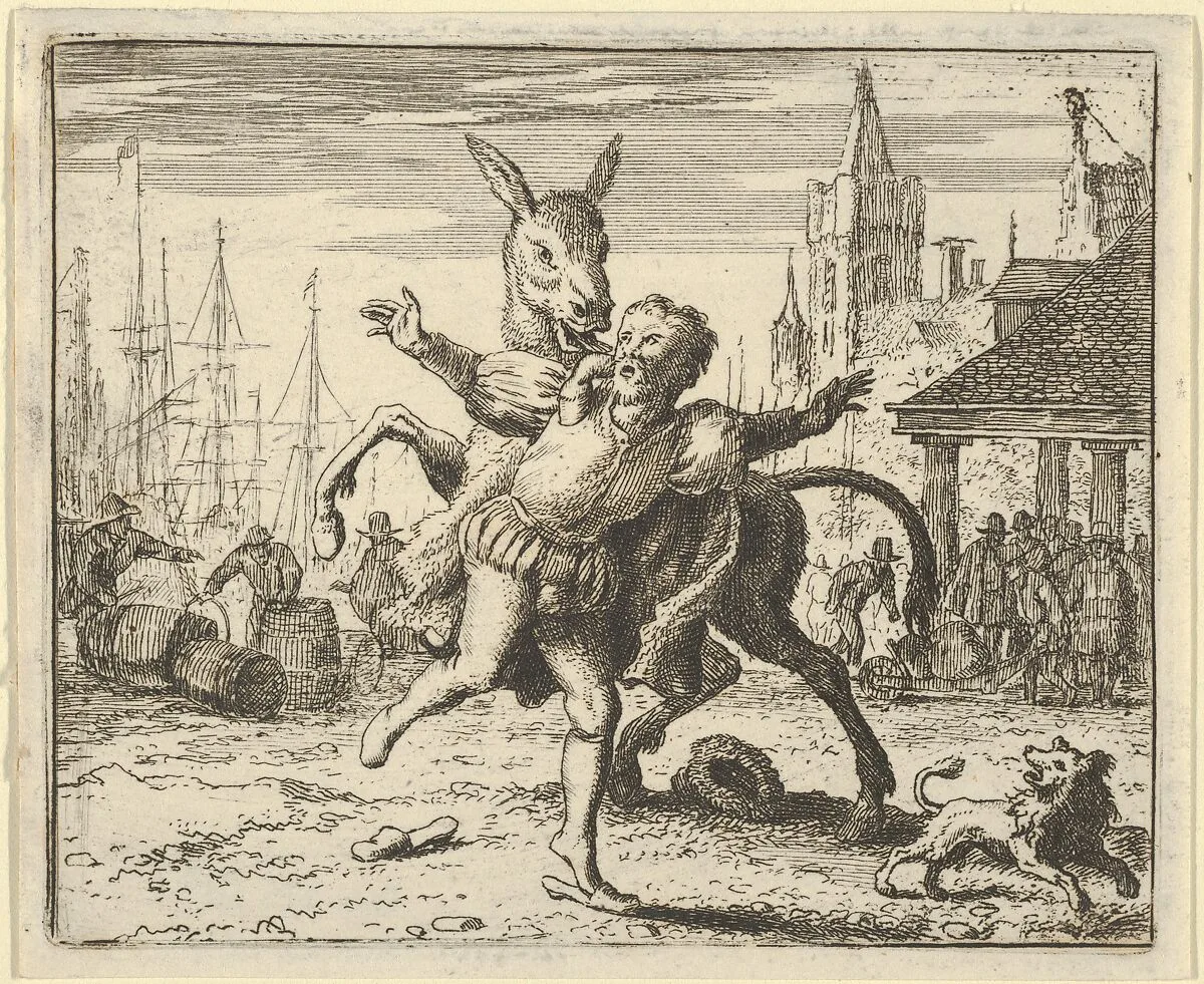 The Ass, Jealous of the Attention the Dog Is Getting From His Master, Looks to Imitate Him by Jumping at the Master's Neck from Hendrick van Alcmar's Renard The Fox — Allart van Everdingen