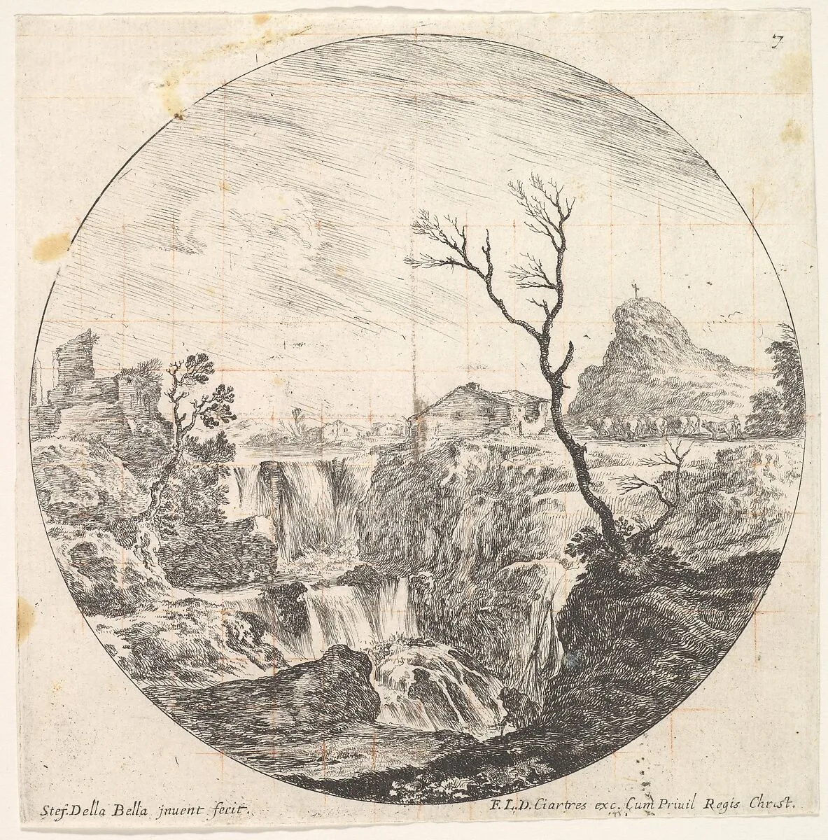 Plate 7: a triple waterfall, a dead tree to right, a mountain and a herd of cows to right in the background, a round composition, from 'Roman landscapes and ruins' (Paysages et ruines de Rome) — Stefano della Bella|François Langlois