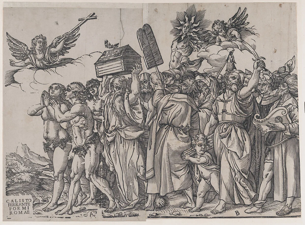 Section A: an angel holding a cross at upper left, Adam and Eve below, from "The Triumph of Christ" — Andrea Andreani|Titian (Tiziano Vecellio)|Callisto Ferranti