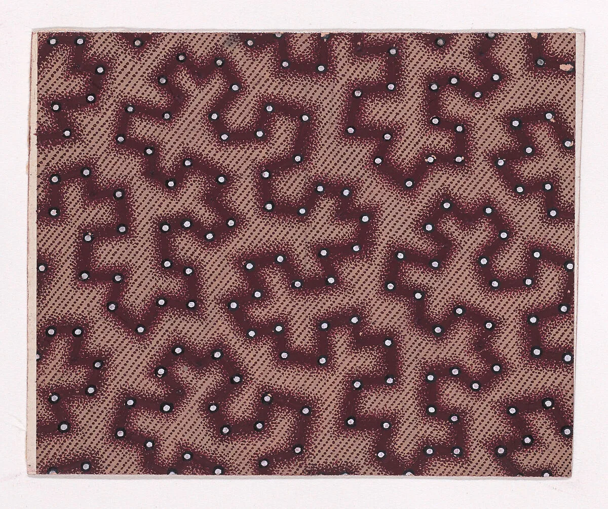 Textile Design with a Vermicular Pattern Decorated with Pearls over a Background of Diagonal Stripes — Anonymous, Alsatian, 19th century