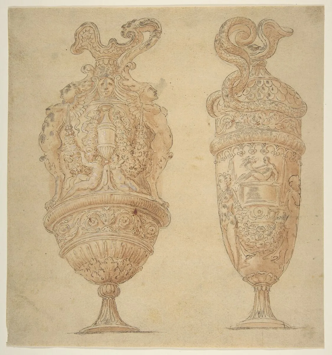 Two Urns Decorated with Human Figures, Animals and Garlands. — Polidoro da Caravaggio
