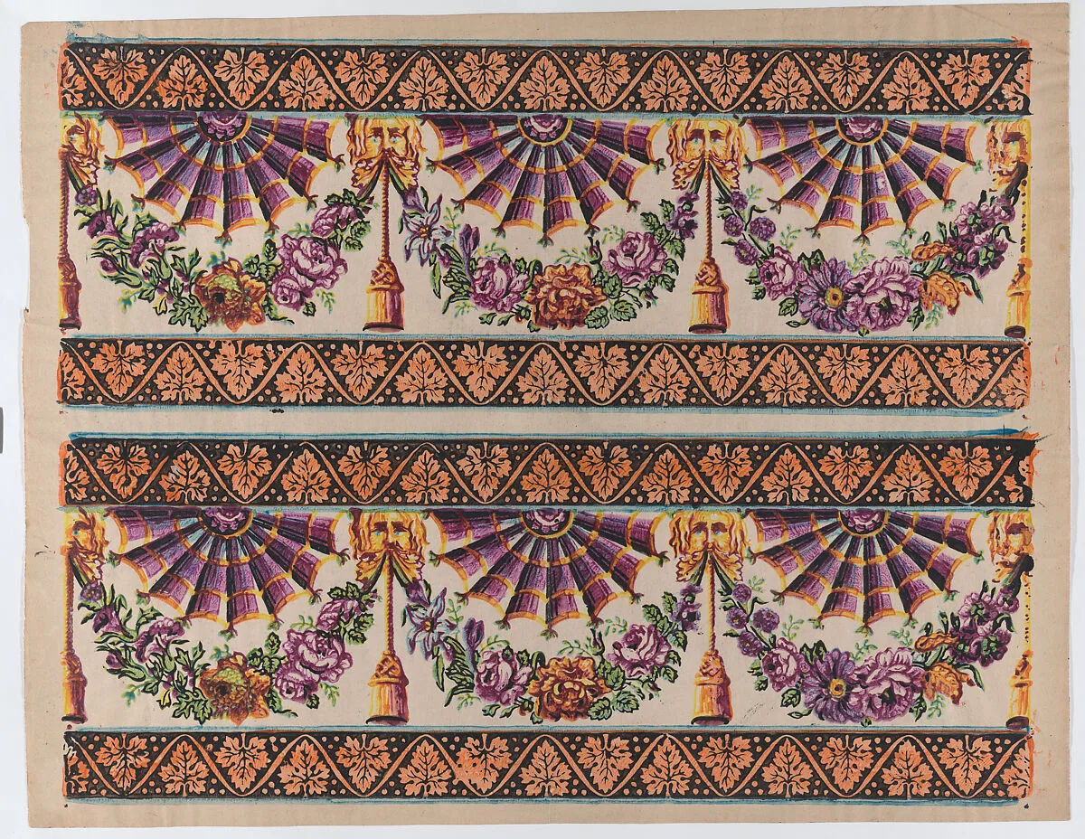 Sheet with two borders with three fans and floral garlands — Remondini Family|Anonymous