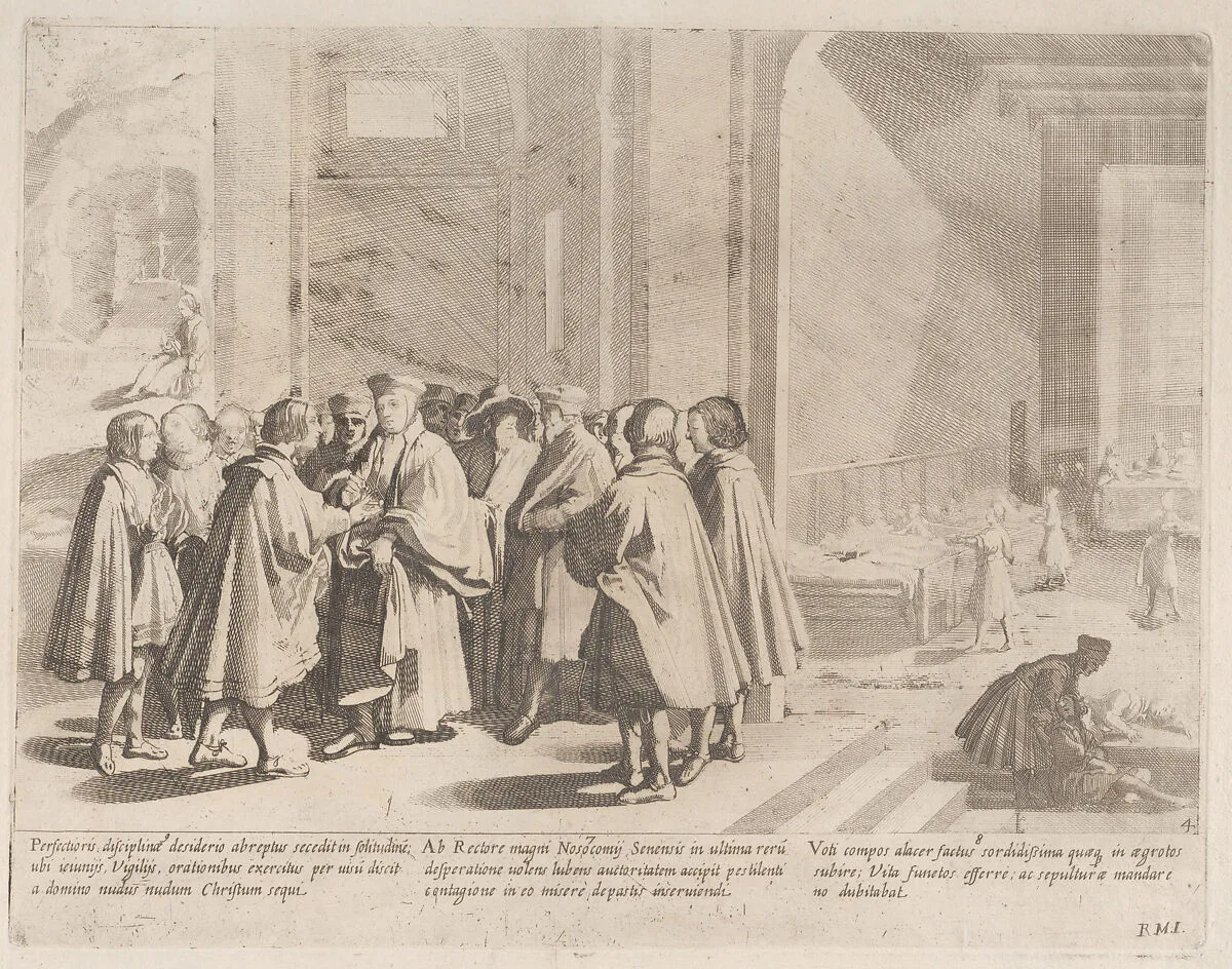 Episode 7: Sienese hospitals turn to the rector in desperation during an outbreak of disease; Episode 8: A terrible pestilence plagues Siena; Episode 9: Saint Bernardino withdraws to hold vigil and contemplate, from "The Life of Saint Bernardino of Siena" — Bernardino Capitelli|Saint Bernardino of Siena|Rutilio Manetti