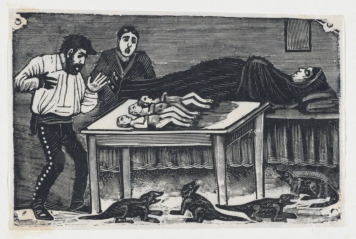 A woman who gave birth to three children and four animals — José Guadalupe Posada