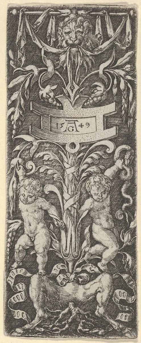 Panel of Ornament with Two Nude Boys Standing on the Legs of a Satyr — Heinrich Aldegrever