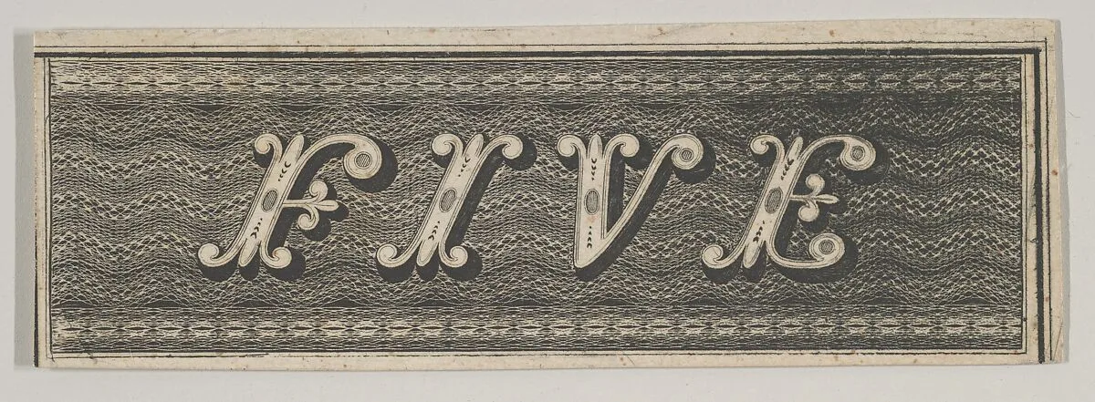 Banknote motif: the word FIVE against a rectangle of ornamental lathe work resembling wavy woven bands — A. B. & C. Durand & Company|Durand, Perkins, and Company|Cyrus Durand