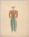 Drawing for a man's theatrical costume with plaid suit in brown and green — Vincente Minnelli
