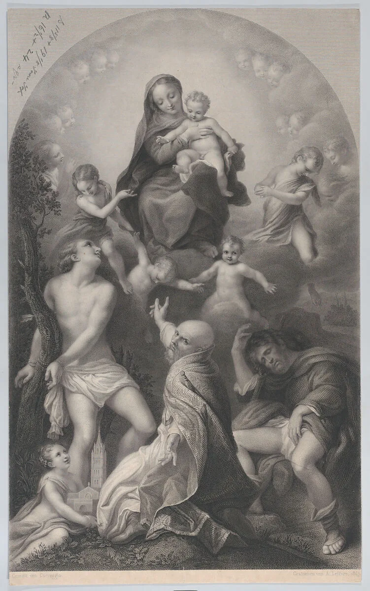 The Madonna of Saint Sebastian, with the Virgin and Child, surrounded by angels, looking down at Saint Sebastian, Saint Germinianus, and Saint Roch — Correggio (Antonio Allegri)|Achille Désiré Lefèvre