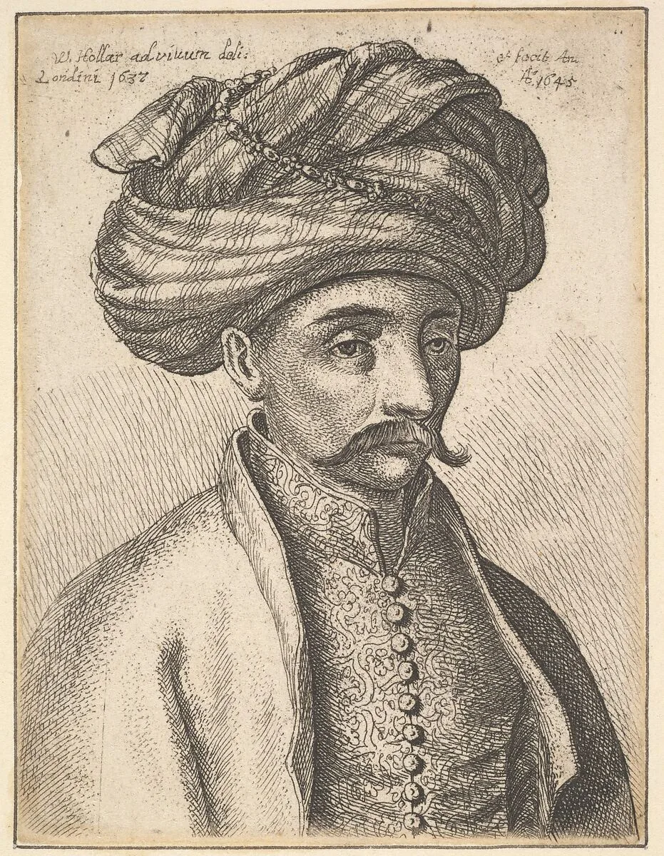 Head and shoulders of a Turkish man, with a moustache and a large turban — Wenceslaus Hollar