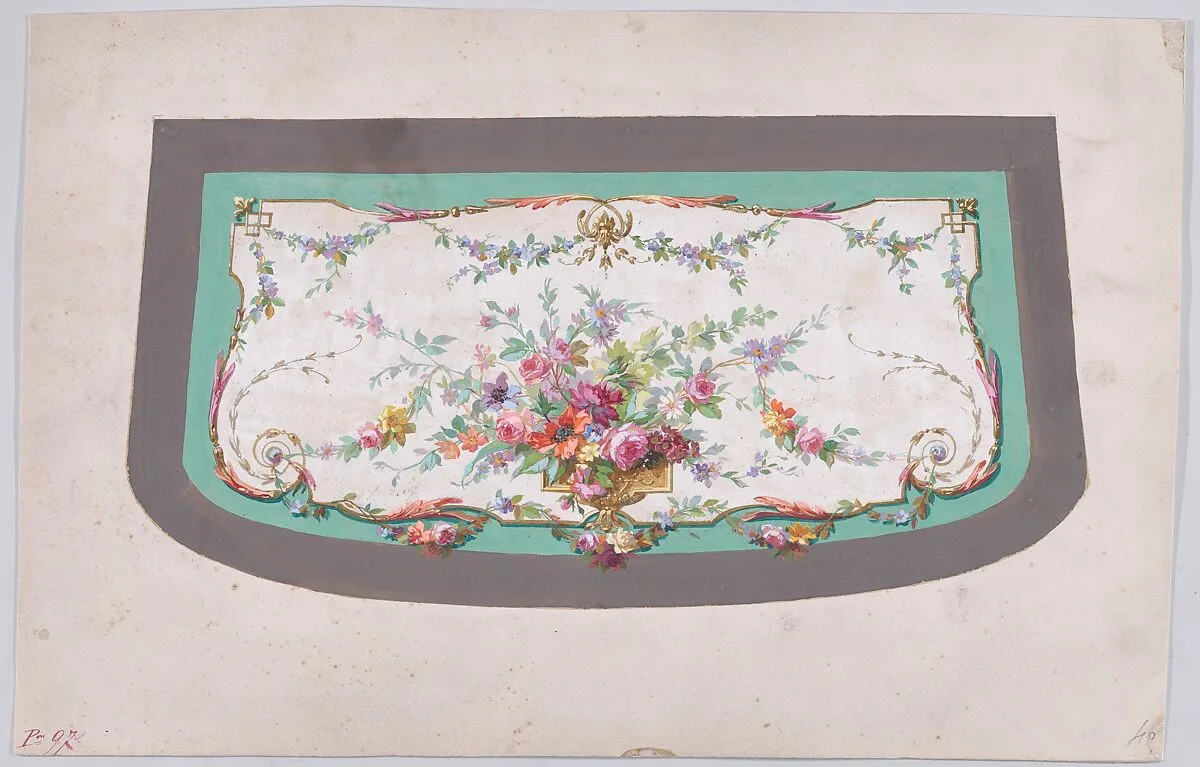 Design for a Sofa Seat Cover (?) with an Ornamental Frame Containing a Vase with a Large Bundle of Flowers and Leaves and Decorated with Acanthus Leaves and Two Fleurs de Lys — Anonymous, French, 19th century