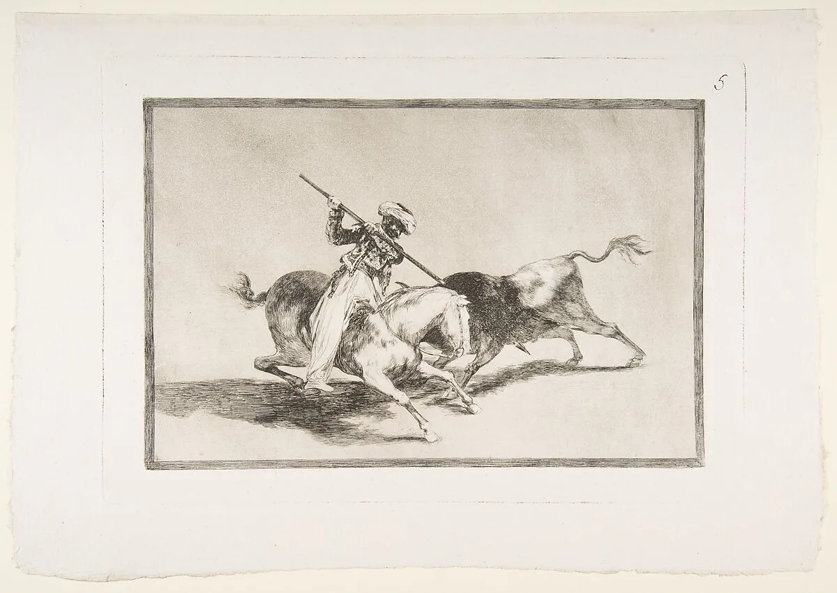 Plate 5 from "La Tauromaquia": The spirited Moor Gazul is the first to spear bulls according to the rules — Goya (Francisco de Goya y Lucientes)