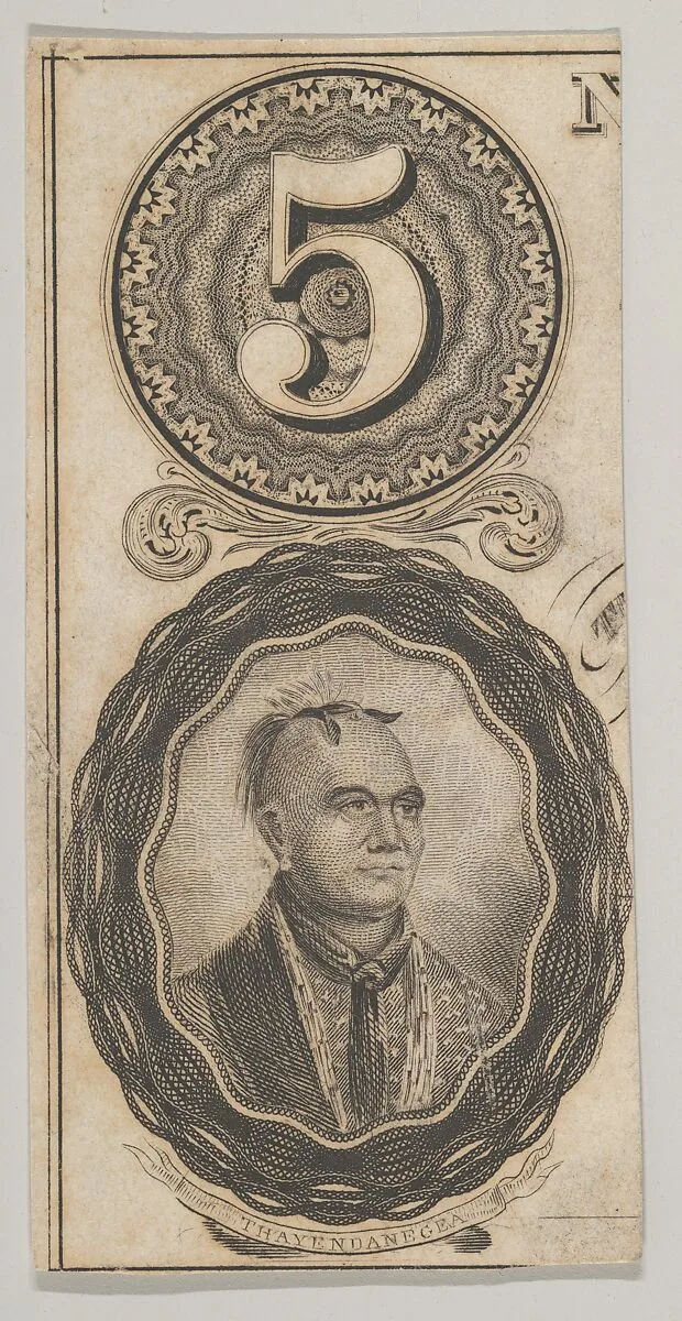 Banknote motifs: the number 5 and a portrait of Thayendanegea — Asher Brown Durand|A. B. & C. Durand & Company|Durand, Perkins, and Company|Thayendanegea|Cyrus Durand|Ezra Ames