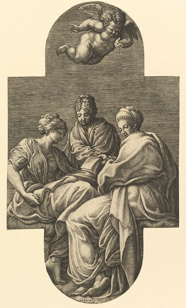 Three Muses and a Gesturing Putto, from a series of eight compositions after Francesco Primaticcio's designs for the ceiling of the Ulysses Gallery (destroyed 1738-39) at Fontainebleau — Giorgio Ghisi|Francesco Primaticcio