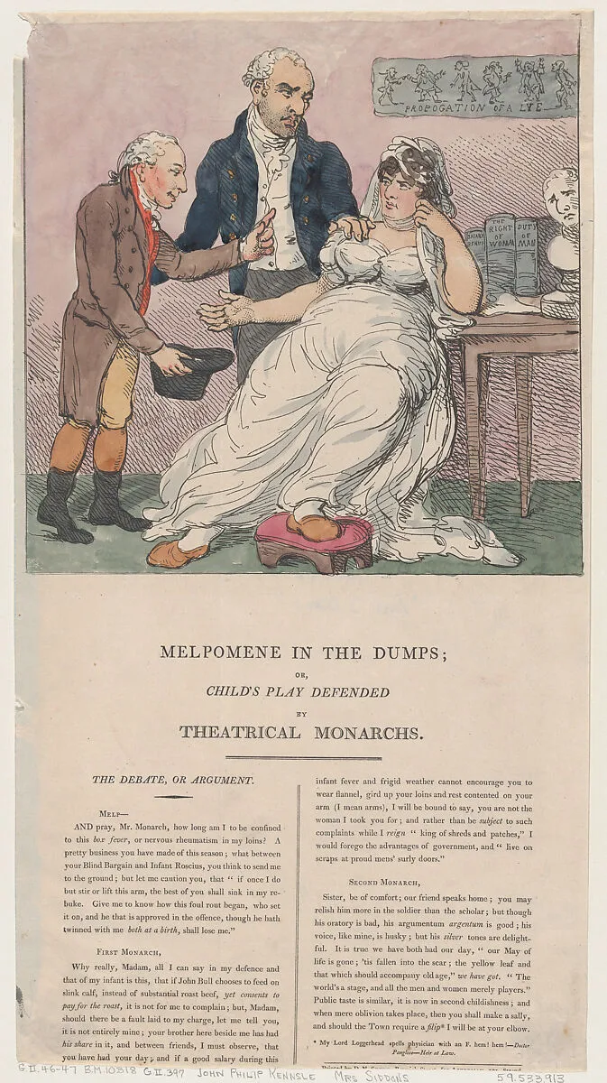 Melpomene in the Dumps, or Child's Play Defended by Theatrical Monarchs — Sarah Siddons|Thomas Rowlandson|D. N. Shury|John Philip Kemble|Rudolph Ackermann, London