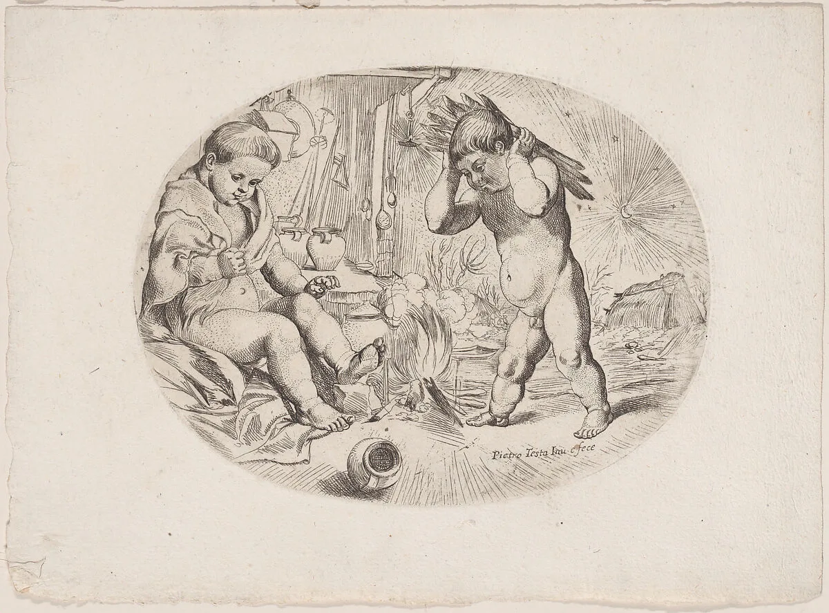 Putto at left by a fire, anther at right carrying wood, an allegory of the seasons (Winter) an oval composition — Anonymous, 17th century|Pietro Testa