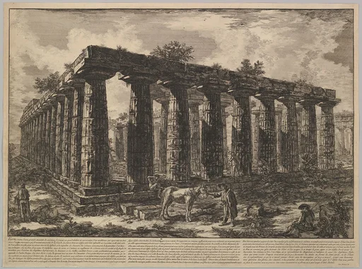View showing the remains of a large enclosure of columns..., from Différentes vues de quelques Restes de trois grands Edifices qui subsistent encore dans le milieu de l'ancienne Ville de Pesto autrement Posidonia qui est située dans la Lucanie (Different views of some of the remains of three great edifces that still exist at teh center of the ancient city of Pesto, or Posidonia [Paestum], which is siutated in Lucania)