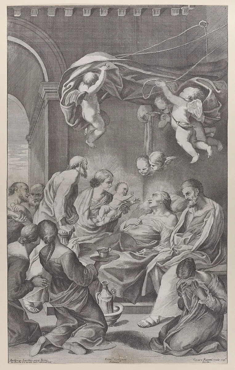 The death of Saint Anne with various family members surrounding her and angels overhead — Andrea Sacchi|Cesare Fantetti|François Collignon