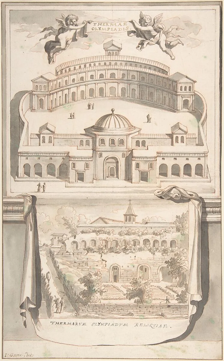 Reconstruction of the Thermae Olympiadis (above) and View of the Ruins (below) — Jan Goeree