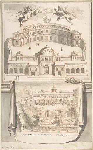 Reconstruction of the Thermae Olympiadis (above) and View of the Ruins (below)