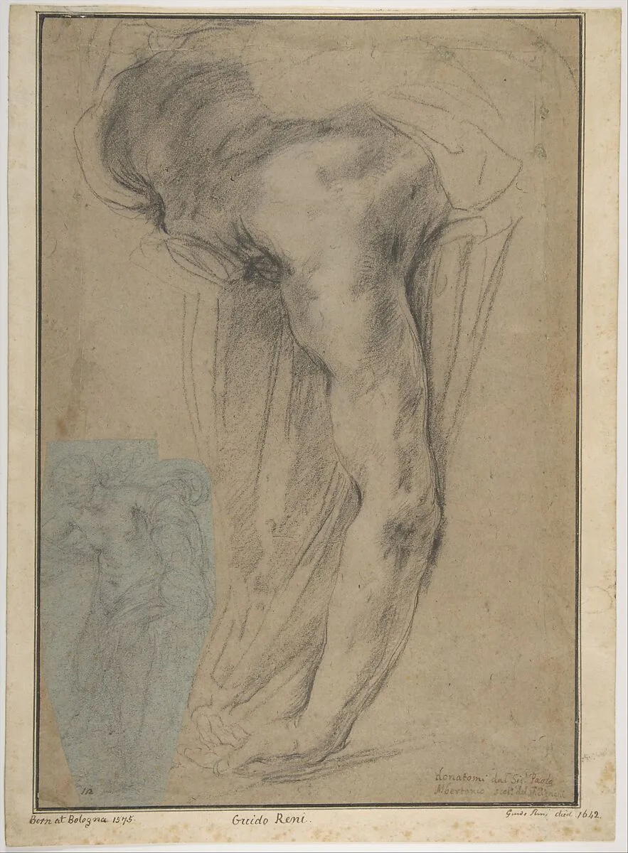The Reclining Headless Body of Holofernes; Study of Female Semi-Nude Figure (on a small separate, unrelated sheet of blue paper, pasted onto the lower left of the large sheet) — Guido Reni
