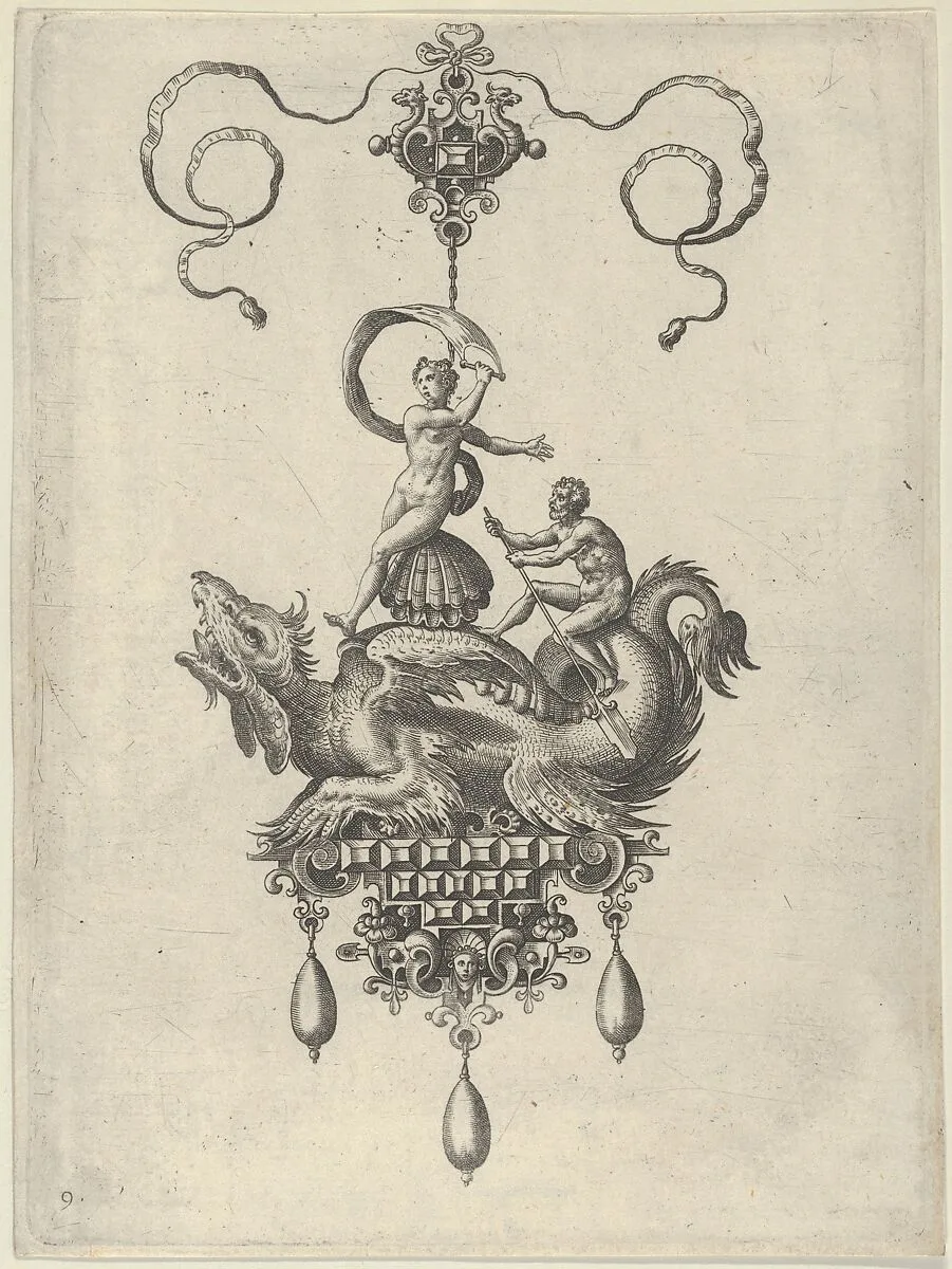 Pendant Design with a Winged Sea Monster Carrying Venus Anadyomene on a Shell and a Man with an Oar — Jan Collaert I|Philips Galle|Adriaen Collaert