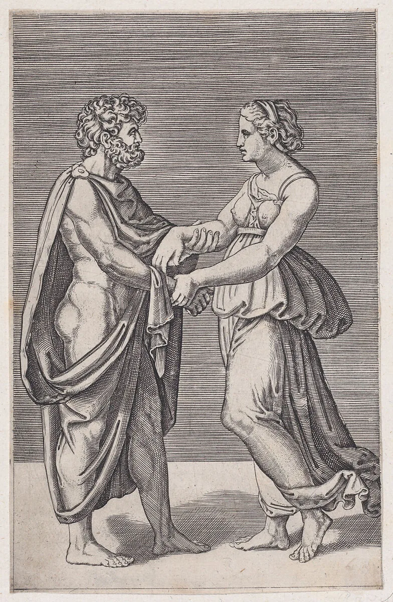 Man and Woman Holding Hands — Agostino Veneziano (Agostino dei Musi)|Raphael (Raffaello Sanzio or Santi)