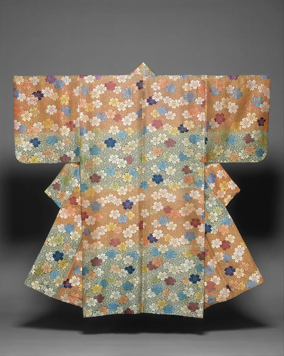 紅緑段紗綾形桜花模様唐織|Noh Costume (Karaori) with Cherry Blossoms and Fretwork — Unknown