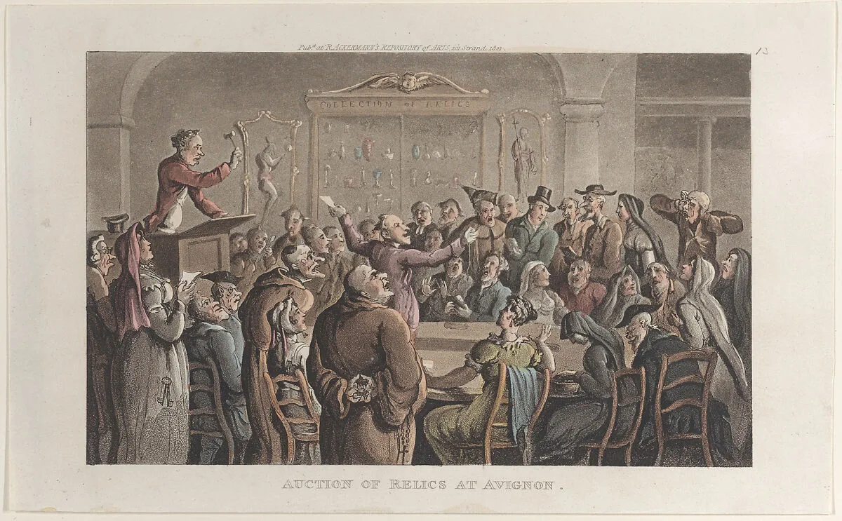 Auction of Relics at Avignon, from "Journal of Sentimental Travels in the Southern Provinces of France, Shortly Before the Revolution" — William Combe|J. Diggens|Thomas Rowlandson|Rudolph Ackermann, London