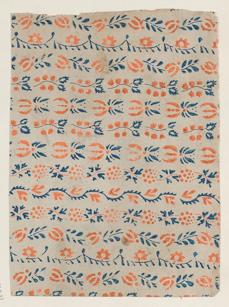 Sheet with blue and orange floral pattern — Anonymous