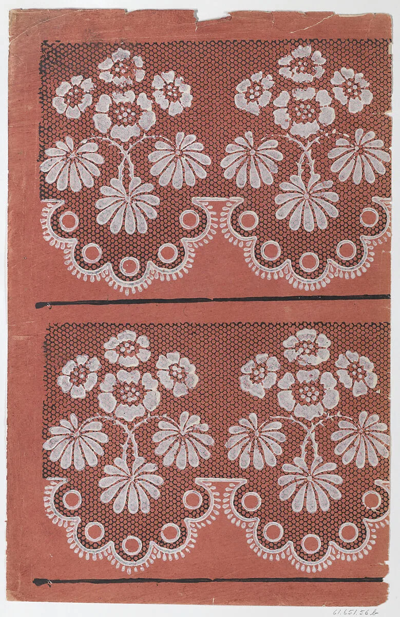 Red sheet with two borders with a white floral pattern atop a black lace pattern — Remondini Family|Anonymous