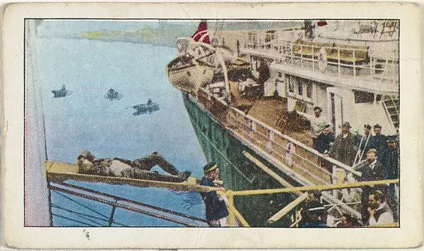 Card No. 84, Wounded Uhian Taken on Board Belgian Hospital Ship, from the World War I Scenes series (T121) issued by Sweet Caporal Cigarettes — American Tobacco Company|Underwood & Underwood