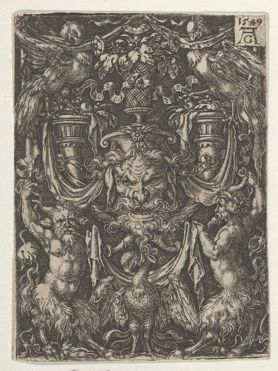 Ornamental Design with a Mask and an Eagle between Two Fauns below — Heinrich Aldegrever