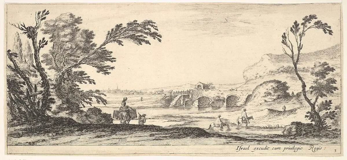 Plate 3: two horsemen crossing a river to right, a woman with two baskets atop a donkey to left, trees to the left and right, a bridge in the background, from 'Various landscapes' (Divers paysages) — Stefano della Bella|Israël Henriet