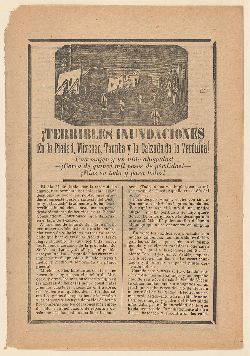 Broadside relating to a news story about floods in multiple cities, villagers wading through water — Antonio Vanegas Arroyo|José Guadalupe Posada
