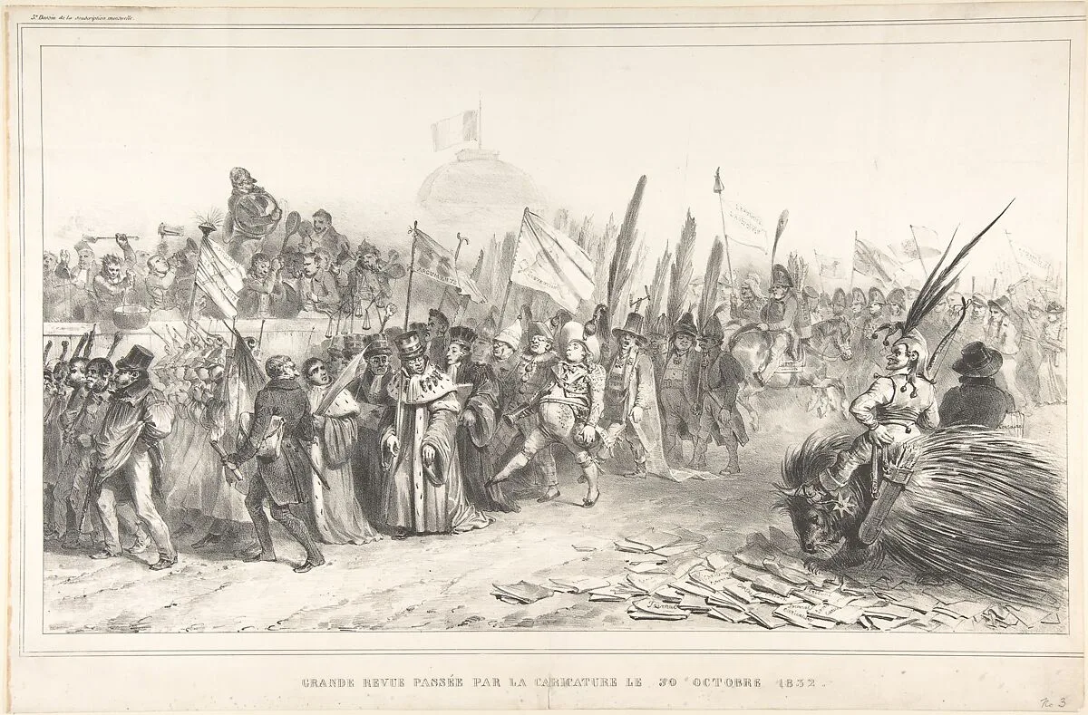 The Grand Review of the Juste-Milieu Passing La Caricature, October 30, 1832 (Grand revue passée par la caricature le 30 Octobre 1832) — Charles Philipon|J. J. Grandville|Auguste Raffet