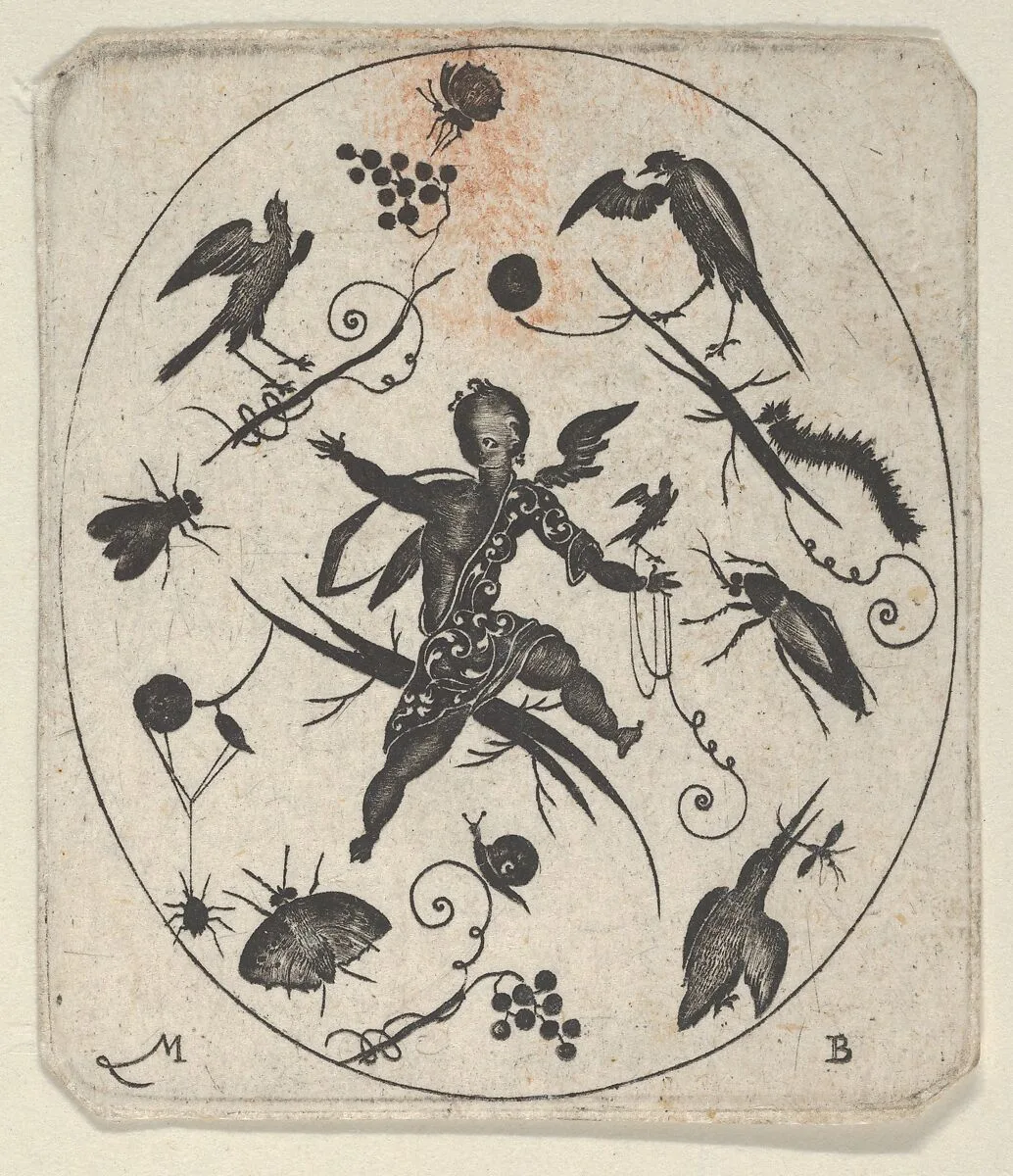 Blackwork Design for Goldsmithwork with a Putto, Birds and Insects — Mathais Beitler