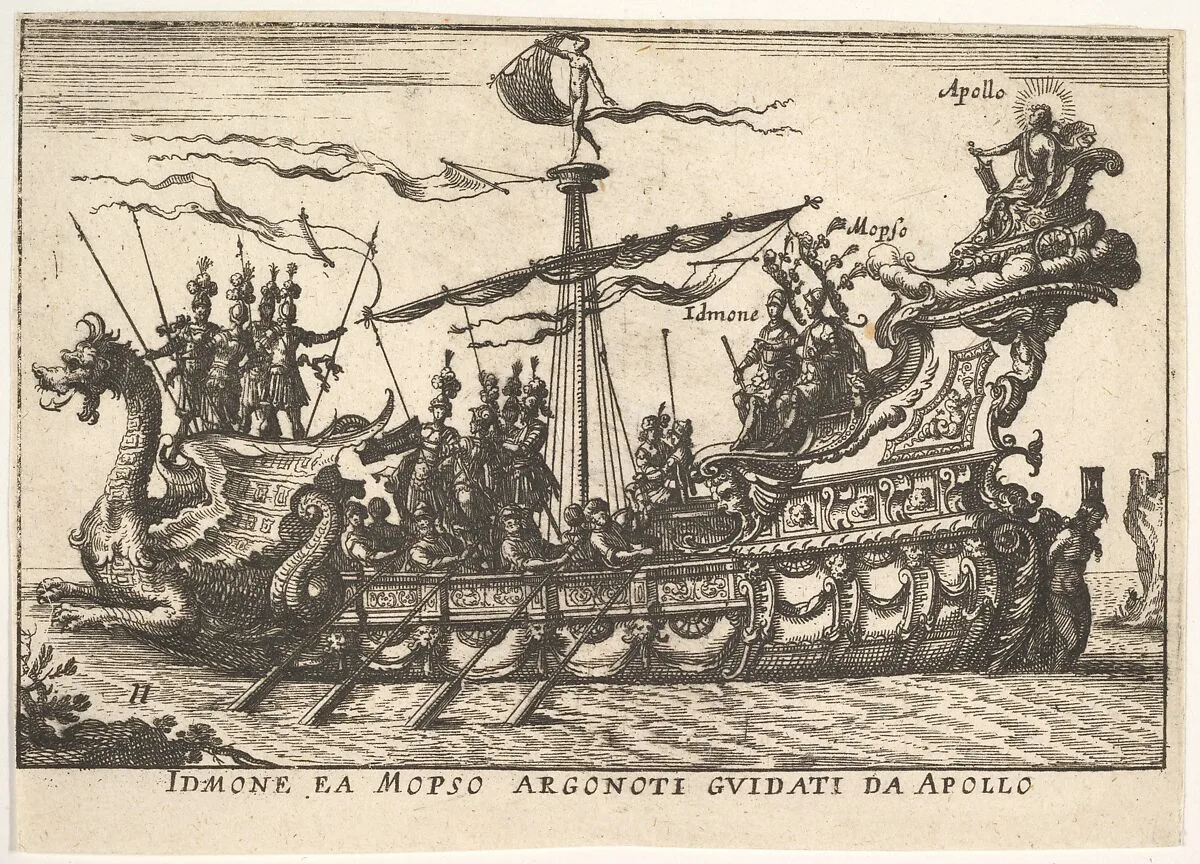 Plate 11: Idmon and Mopsus guided by Apollo (Idmone ea Mopso Argonoti guidati da Apollo), with an aureole around Apollo's head, from the series 'The magnificent pageant on the river Arno in Florence for the marriage of the Grand Duke' (Le Magnifique carousel fait sur le fleuve de l'Arne a Florence, pour le mariage du Grand Duc), for the wedding celebration of Cosimo de' Medici in Florence, 1608 — Giulio Parigi|Anonymous|Remigio Cantagallina|Jean Sauvé
