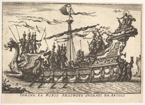 Plate 11: Idmon and Mopsus guided by Apollo (Idmone ea Mopso Argonoti guidati da Apollo), with an aureole around Apollo's head, from the series 'The magnificent pageant on the river Arno in Florence for the marriage of the Grand Duke' (Le Magnifique carousel fait sur le fleuve de l'Arne a Florence, pour le mariage du Grand Duc), for the wedding celebration of Cosimo de' Medici in Florence, 1608