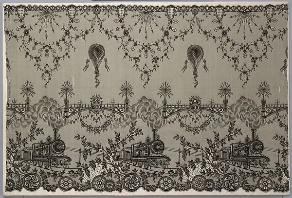 Lace panel with decorative motifs of railroad trains, telegraph poles, electric lights and hot air balloons — Unknown