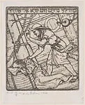 Story of Jonah: Jonah on the deck of a ship, collapsed over a stack of ropes at left, another man holding onto him and raising a finger — Marcus Behmer