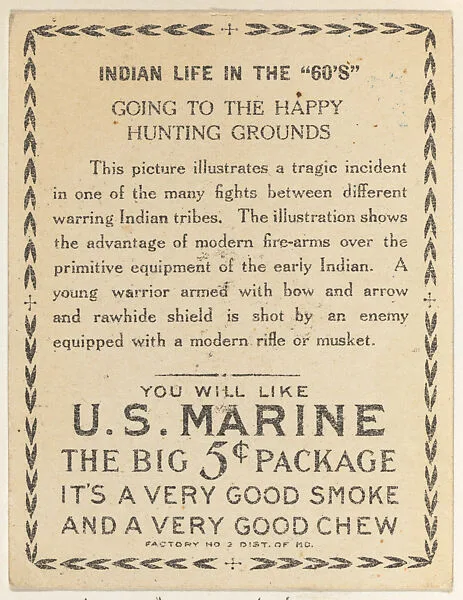 Going to the Happy Hunting Grounds, from the "Indian Life in the 60's" series (T73), issued with Hassan Cork Tip Cigarettes by the American Tobacco Company — American Tobacco Company