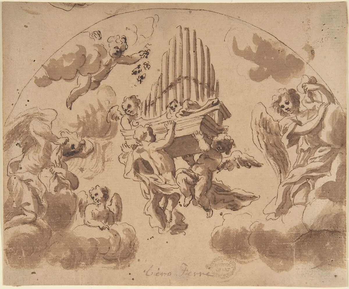 Putti Carrying Organ Pipes — Anonymous, Italian, Roman-Bolognese, 17th century