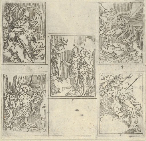 Five numbered scenes, each after a painter in the Accademia Degl'Incamminati, from IL FUNERALE D'AGOSTINO CARRACCIO FATTO IN BOLOGNA SUA PATRIA DAGL'INCAMINATI Academici del Disegno: 1. Virtue vanquishing Envy and Fortune, painted by Giulio Cesare Parigino; 2. Apollo and the Muses at the tomb of Agostino Carracci, painted by Luigi Valesio; 3. Mercury pointing to a constellation with the personification of Painting and that of the city of Bologna, Felsina, painted by Aurelio Benelli; 4. Personification of Painting being comforted by Poetry, and the personification of a river at right, painted by Lodovico Carracci; 5. Allegory of Knowledge and Vigilance chasing Envy out of Heaven, painted by Lorenzo Garbieri.