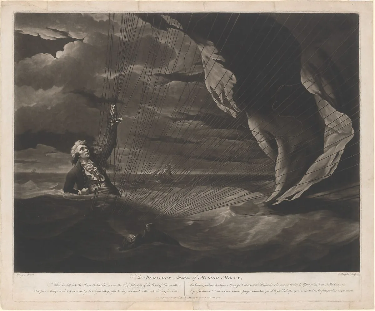 The Perilous Situation of Major Mony, When He Fell into the Sea with His Balloon on the 23rd of July, 1785, Off the Coast of Yarmouth; Most Providentially Discovered and Taken Up by the Argus Sloop, After Having Remained in the Water During Five Hours — John Murphy|Philip Reinagle